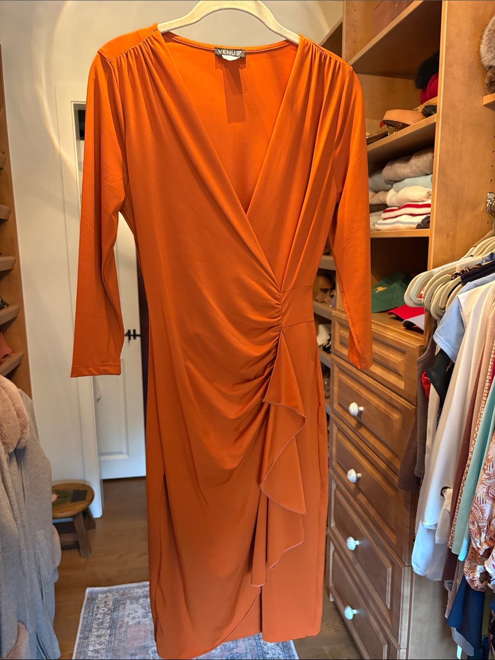 VENUS Orange Ruched Wrap Midi Dress with Cascading Ruffle